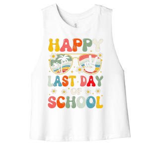 Retro Happy Last Day Of School Teacher Student Hello Summer Women's Racerback Cropped Tank