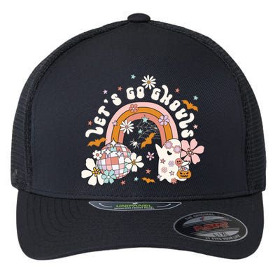 Retro Halloween Lets Go Ghouls Groovy Floral Ghost Funny Gift Flexfit Unipanel Trucker Cap