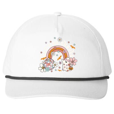 Retro Halloween Lets Go Ghouls Groovy Floral Ghost Funny Gift Snapback Five-Panel Rope Hat