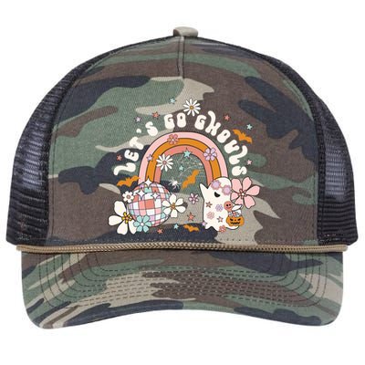 Retro Halloween Lets Go Ghouls Groovy Floral Ghost Funny Gift Retro Rope Trucker Hat Cap