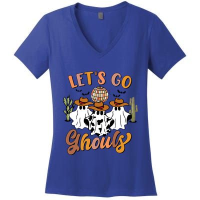 Retro Halloween Lets Go Ghouls Western Ghosts Disco Ball Gift Women's V-Neck T-Shirt