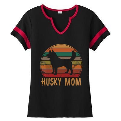 Retro Husky Mom Gift Dog Mother Pet Siberian Huskies Mama Ladies Halftime Notch Neck Tee