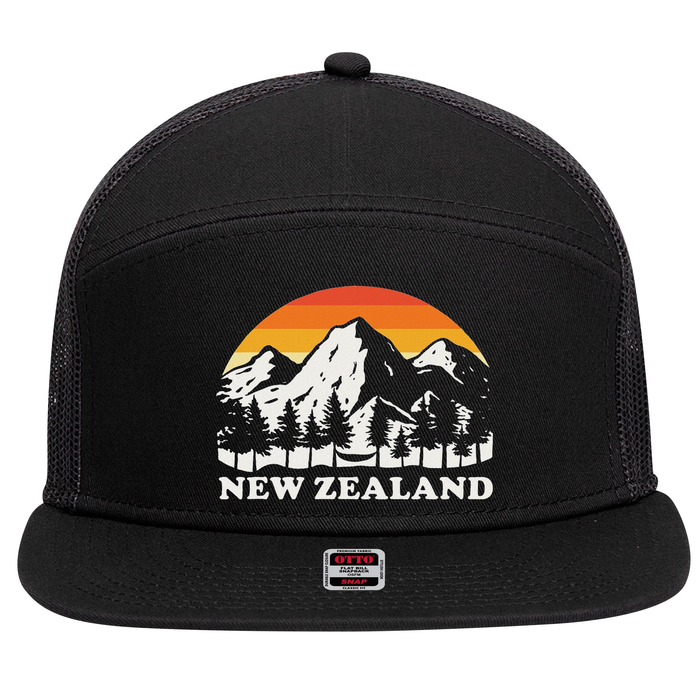 Retro Hiking Mountains New Zealand 7 Panel Mesh Trucker Snapback Hat