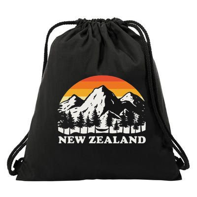 Retro Hiking Mountains New Zealand Drawstring Bag