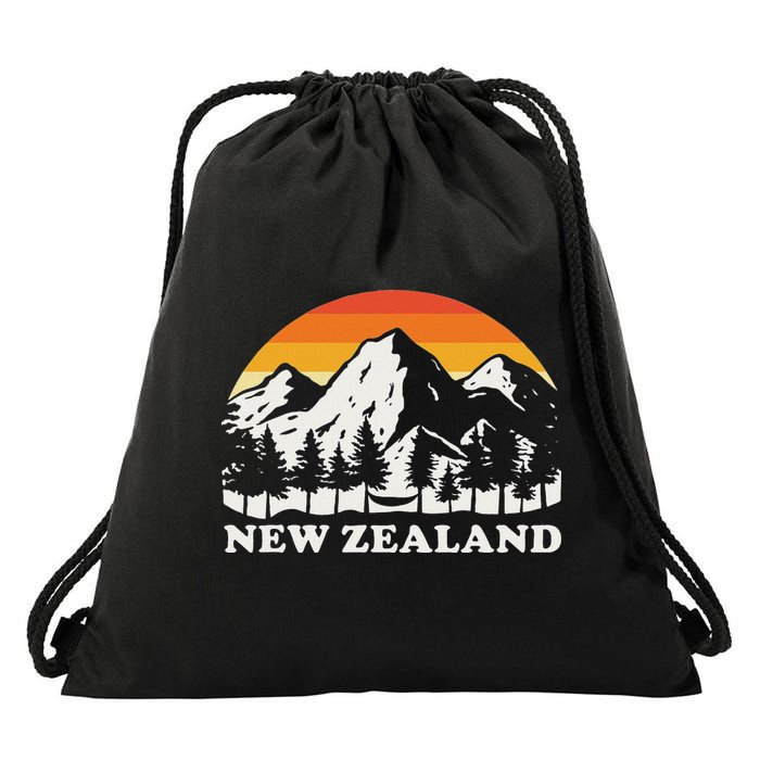 Retro Hiking Mountains New Zealand Drawstring Bag