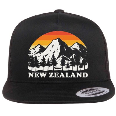 Retro Hiking Mountains New Zealand Flat Bill Trucker Hat