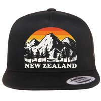 Retro Hiking Mountains New Zealand Flat Bill Trucker Hat
