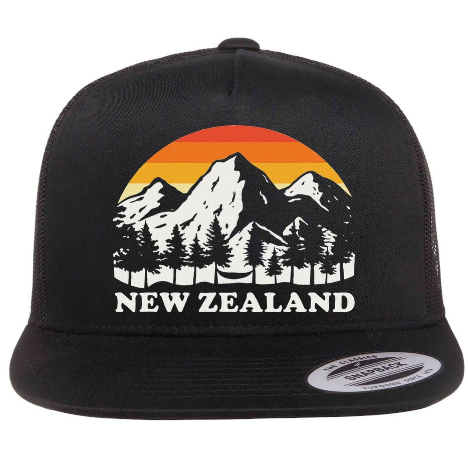 Retro Hiking Mountains New Zealand Flat Bill Trucker Hat