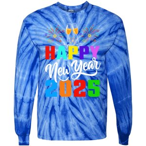 Retro Happy New Year Crew 2025 Champagne New Years Eve Party Gift Tie-Dye Long Sleeve Shirt