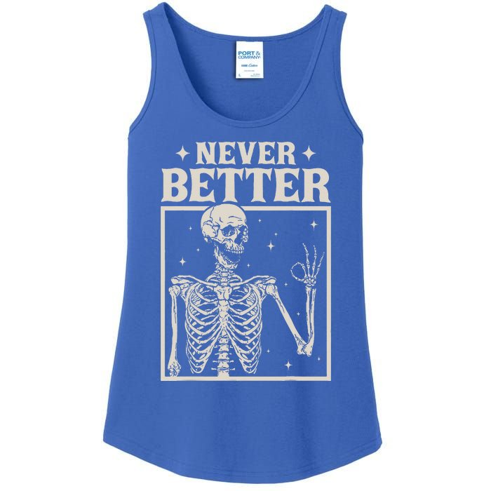 Retro Halloween Never Better Skeleton Spooky Season Funny Ladies Essential Tank