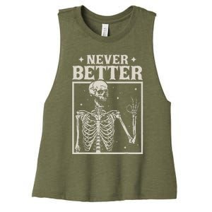 Retro Halloween Never Better Skeleton Spooky Season Funny Women's Racerback Cropped Tank