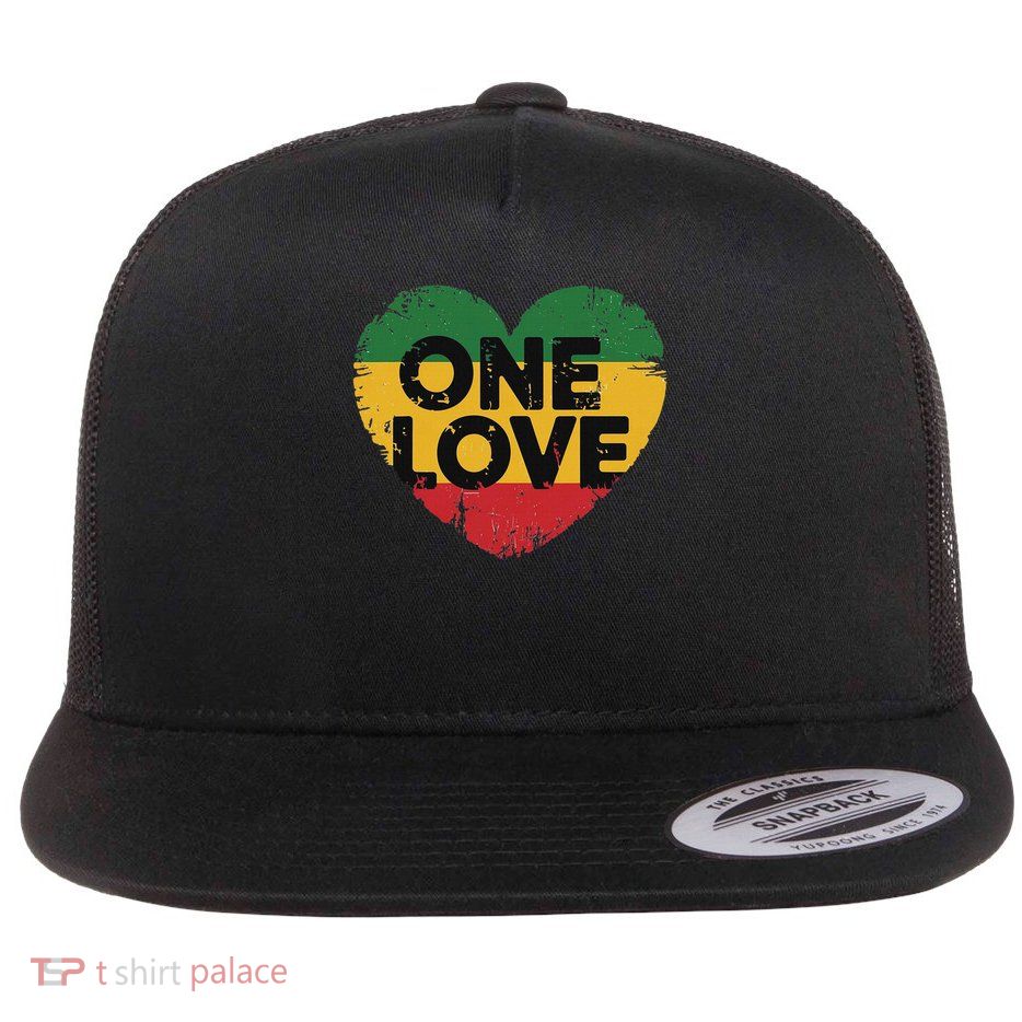 Reggae Heart One Love Rasta Reggae Music Rastafarian Jamaica Flat Bill Trucker Hat