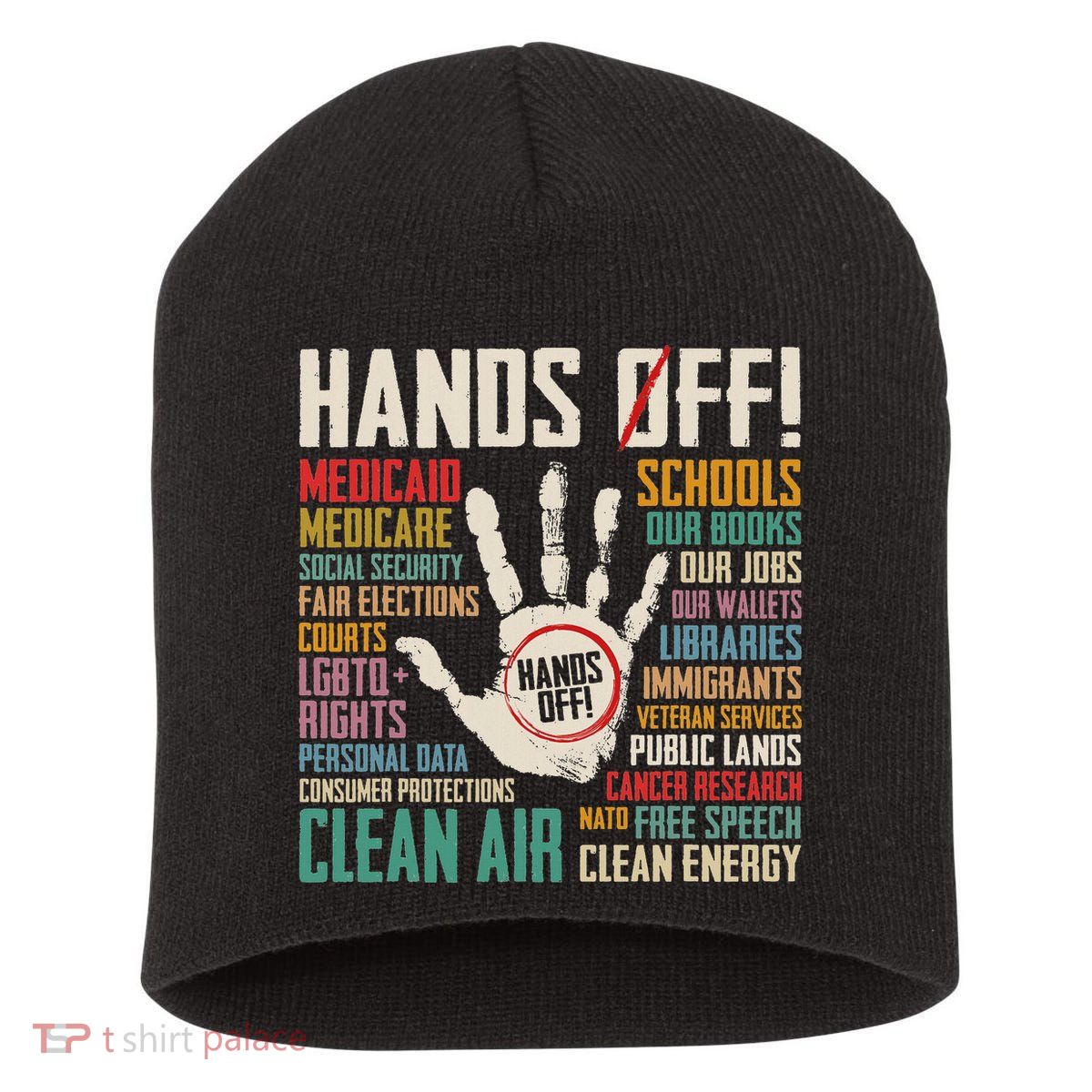 Retro Hands Off Protest Social Security And Medicare Protest Short Acrylic Beanie