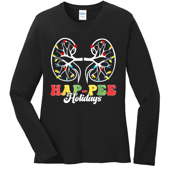 Retro Hap Pee Holidays Christmas Dialysis Nurse Kidney Xmas Ladies Long Sleeve Shirt