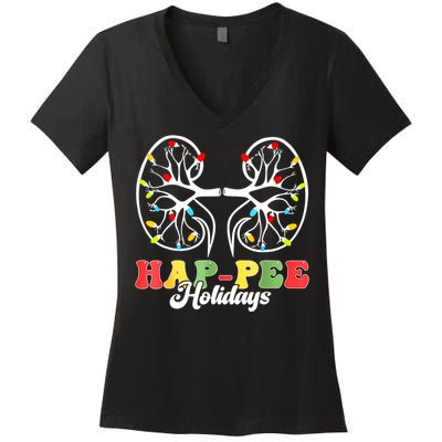 Retro Hap Pee Holidays Christmas Dialysis Nurse Kidney Xmas Women's V-Neck T-Shirt