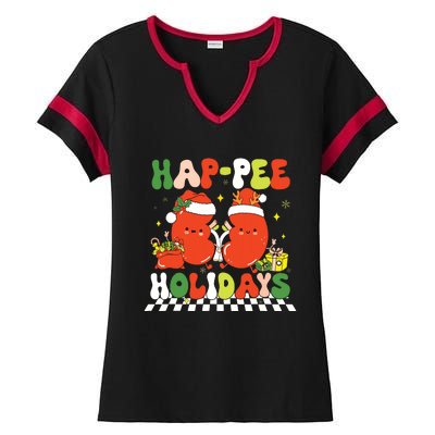 Retro Hap Pee Holidays Christmas Dialysis Nurse Kidney Nurse Ladies Halftime Notch Neck Tee