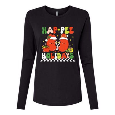 Retro Hap Pee Holidays Christmas Dialysis Nurse Kidney Nurse Womens Cotton Relaxed Long Sleeve T-Shirt