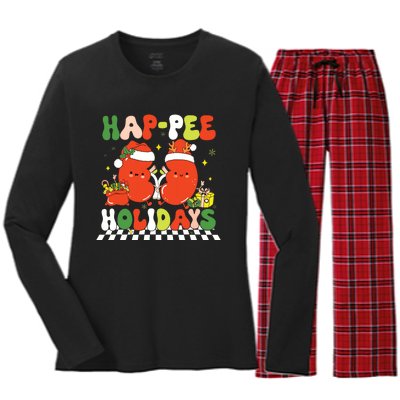 Retro Hap Pee Holidays Christmas Dialysis Nurse Kidney Nurse Women's Long Sleeve Flannel Pajama Set 