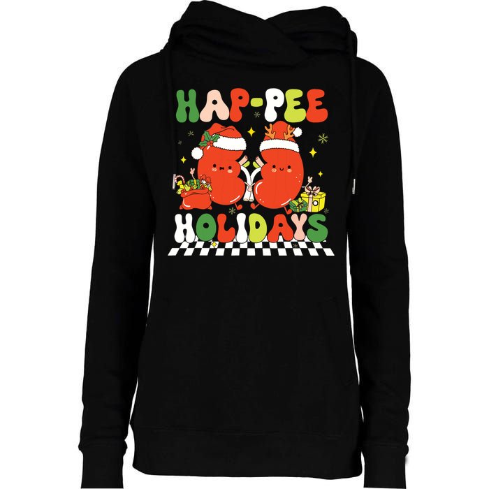 Retro Hap Pee Holidays Christmas Dialysis Nurse Kidney Nurse Womens Funnel Neck Pullover Hood