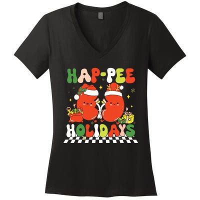 Retro Hap Pee Holidays Christmas Dialysis Nurse Kidney Nurse Women's V-Neck T-Shirt