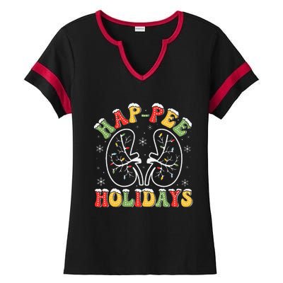 Retro Hap Pee Holidays Christmas Dialysis Nurse Kidney Xmas Ladies Halftime Notch Neck Tee