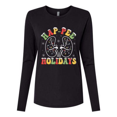 Retro Hap Pee Holidays Christmas Dialysis Nurse Kidney Xmas Womens Cotton Relaxed Long Sleeve T-Shirt