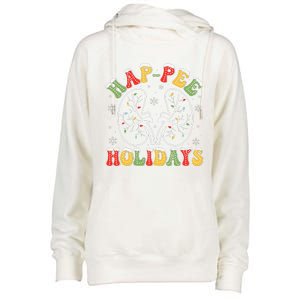 Retro Hap Pee Holidays Christmas Dialysis Nurse Kidney Xmas Womens Funnel Neck Pullover Hood