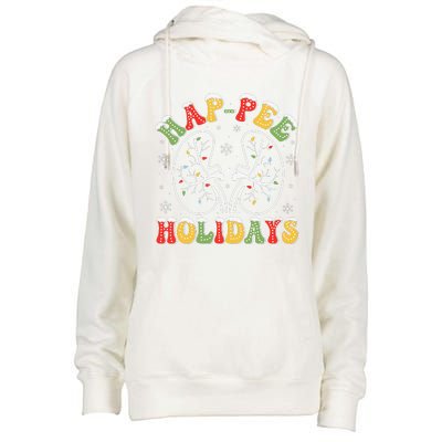 Retro Hap Pee Holidays Christmas Dialysis Nurse Kidney Xmas Womens Funnel Neck Pullover Hood