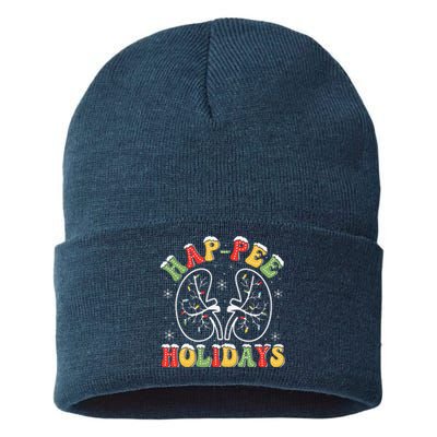 Retro Hap Pee Holidays Christmas Dialysis Nurse Kidney Xmas Sustainable Knit Beanie