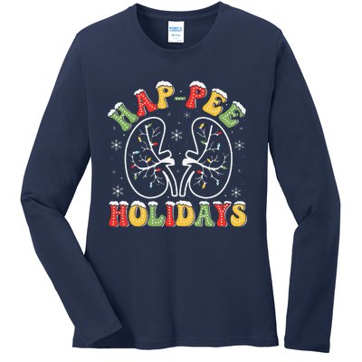 Retro Hap Pee Holidays Christmas Dialysis Nurse Kidney Xmas Ladies Long Sleeve Shirt