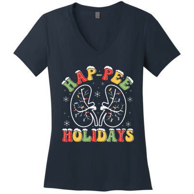 Retro Hap Pee Holidays Christmas Dialysis Nurse Kidney Xmas Women's V-Neck T-Shirt