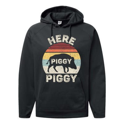 Retro Here Piggy Piggy Boar Hunting Pig Hog Hunter Performance Fleece Hoodie