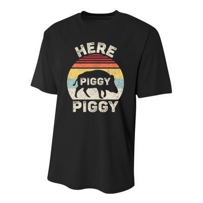 Retro Here Piggy Piggy Boar Hunting Pig Hog Hunter Youth Performance Sprint T-Shirt