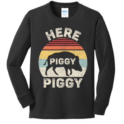 Retro Here Piggy Piggy Boar Hunting Pig Hog Hunter Kids Long Sleeve Shirt