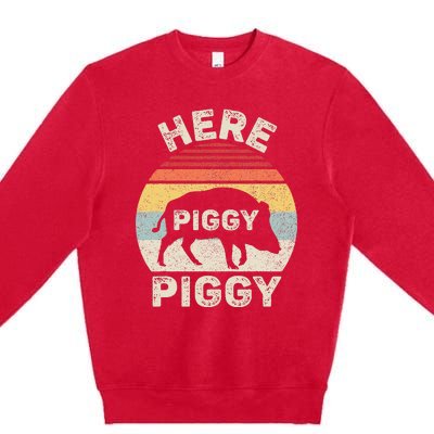 Retro Here Piggy Piggy Boar Hunting Pig Hog Hunter Premium Crewneck Sweatshirt