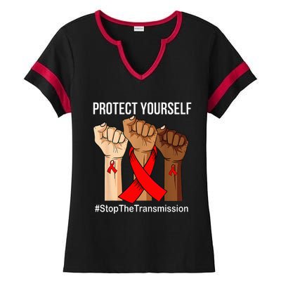 Raising Hand Protect Yourself HIVAIDS Awareness Red Ribbon Ladies Halftime Notch Neck Tee