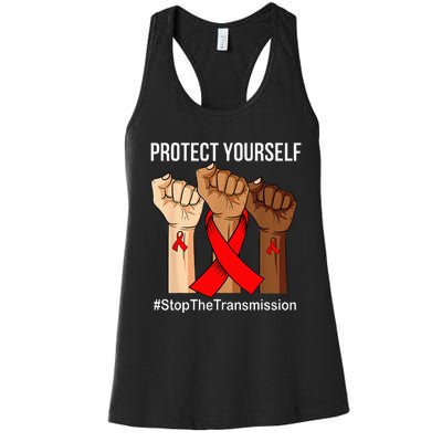 Raising Hand Protect Yourself HIVAIDS Awareness Red Ribbon Women's Racerback Tank