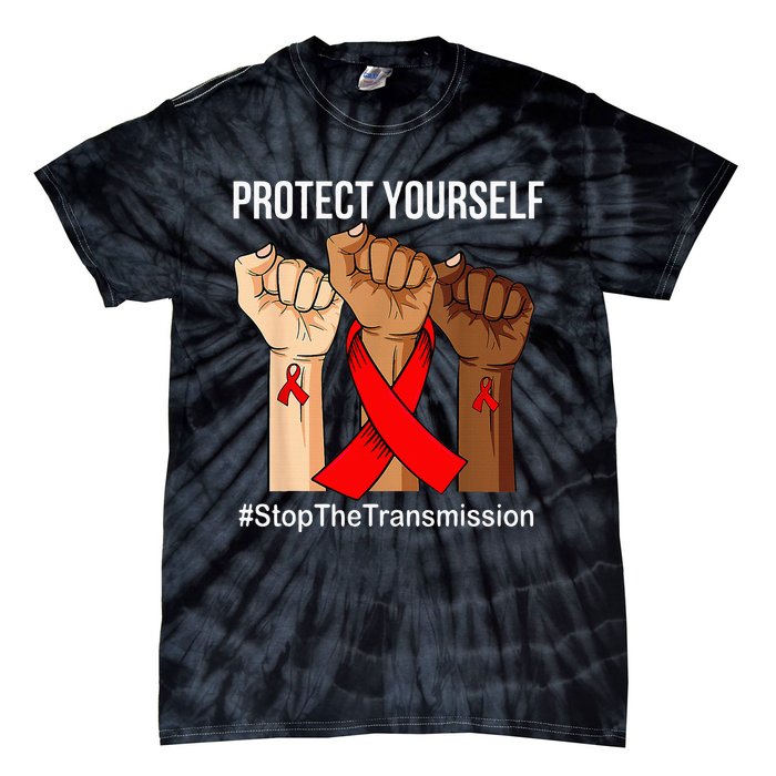 Raising Hand Protect Yourself HIVAIDS Awareness Red Ribbon Tie-Dye T-Shirt