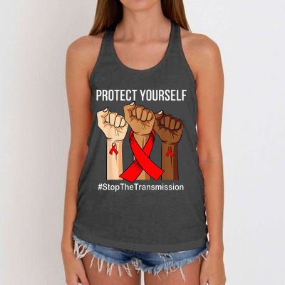 Raising Hand Protect Yourself HIVAIDS Awareness Red Ribbon Women's Knotted Racerback Tank