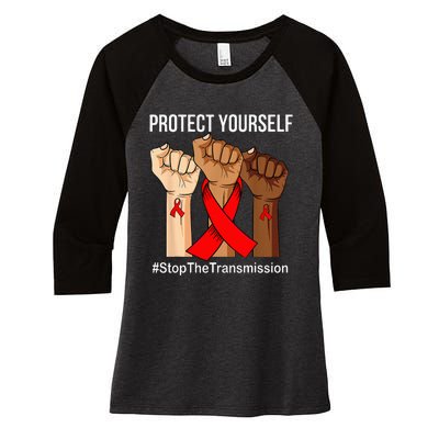 Raising Hand Protect Yourself HIVAIDS Awareness Red Ribbon Women's Tri-Blend 3/4-Sleeve Raglan Shirt