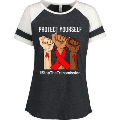 Raising Hand Protect Yourself HIVAIDS Awareness Red Ribbon Enza Ladies Jersey Colorblock Tee