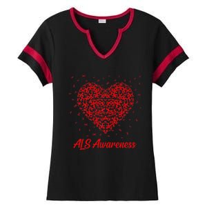 Red Heart Ribbon ALS Awareness Ladies Halftime Notch Neck Tee