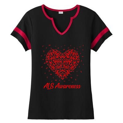 Red Heart Ribbon ALS Awareness Ladies Halftime Notch Neck Tee