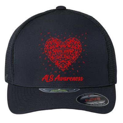 Red Heart Ribbon ALS Awareness Flexfit Unipanel Trucker Cap