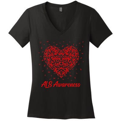 Red Heart Ribbon ALS Awareness Women's V-Neck T-Shirt