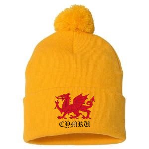 Retro Heraldic Red Welsh Dragon Of Wales Cymru Y Ddraig Goch Pom Pom 12in Knit Beanie