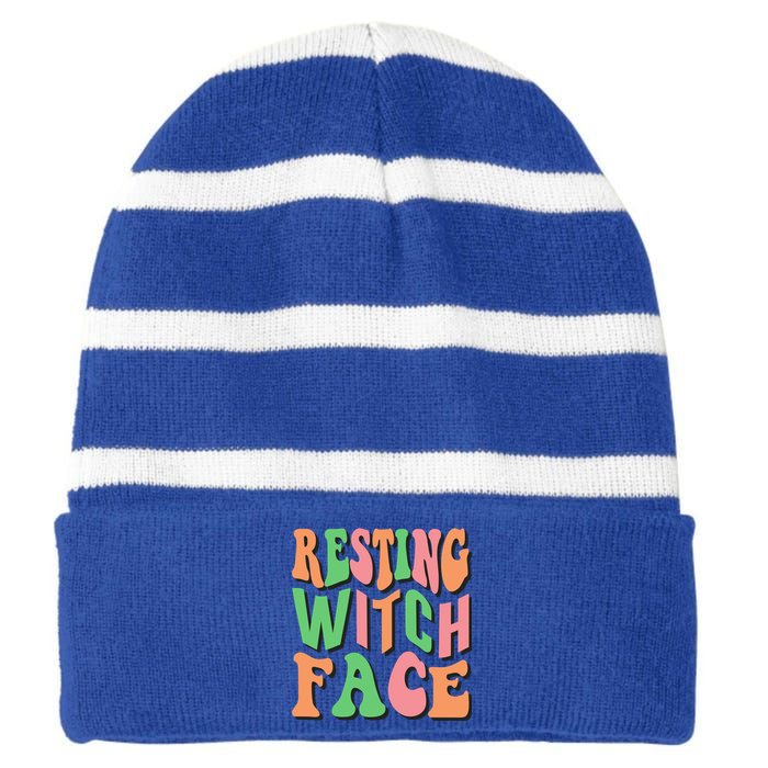 Retro Halloween Resting Witch Face Gift Striped Beanie with Solid Band