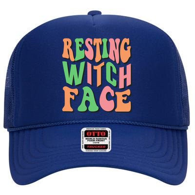 Retro Halloween Resting Witch Face Gift High Crown Mesh Back Trucker Hat