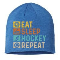 Retro Hockey Repeat Vintage Eat Sleep Hockey Repeat Gift Sustainable Beanie