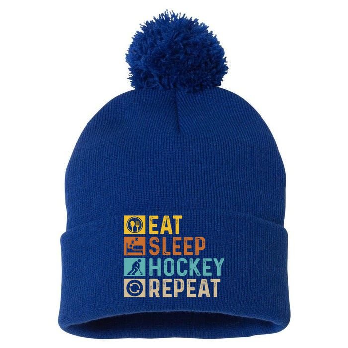 Retro Hockey Repeat Vintage Eat Sleep Hockey Repeat Gift Pom Pom 12in Knit Beanie